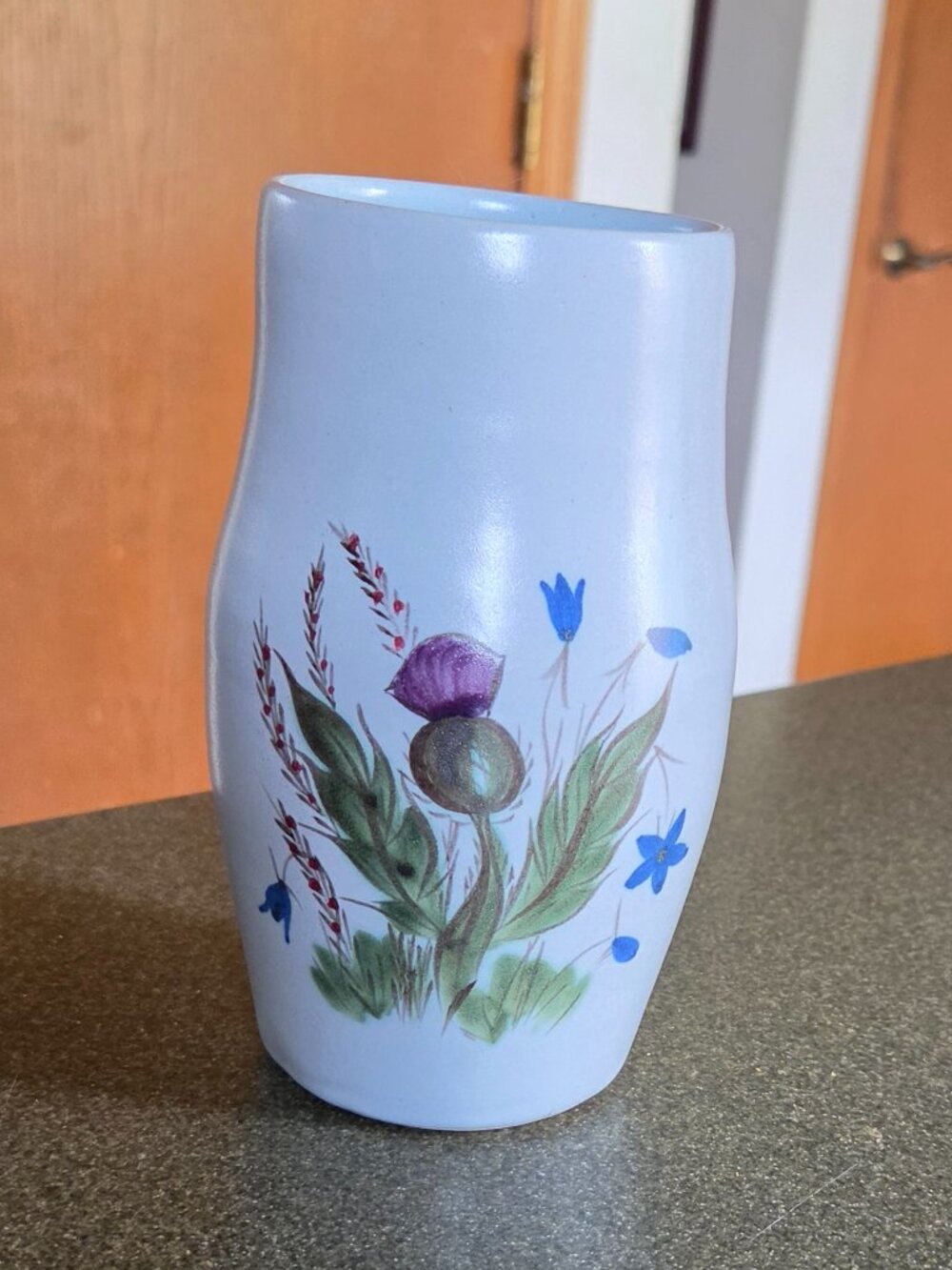 Vintage Buchan Portabello Scotland Thistleware Stoneware Vase 6" Ta;;